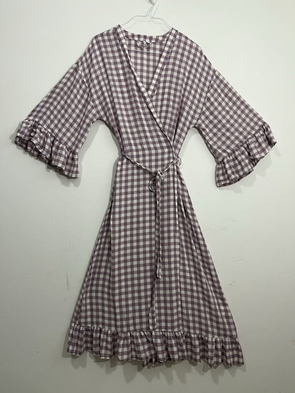 Nordstrom Gingham Long Robe Checkered Wrap Dress XL Ruffle Trim Belted Lounge